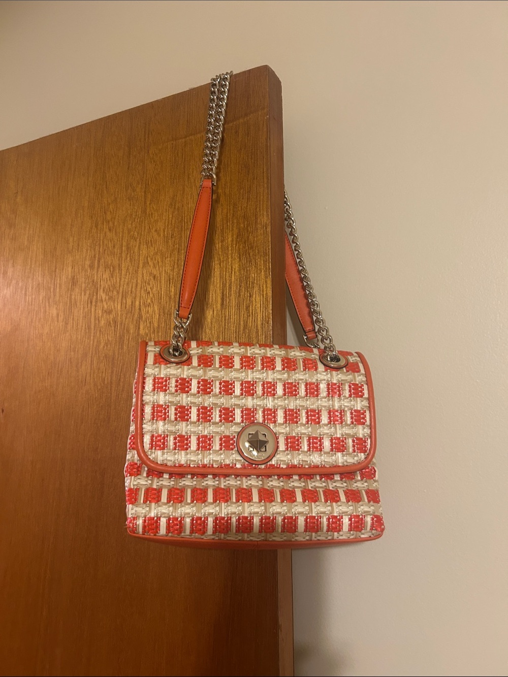 kate spade Orange and Off White Woven Shoulder Bag with Chain Strap